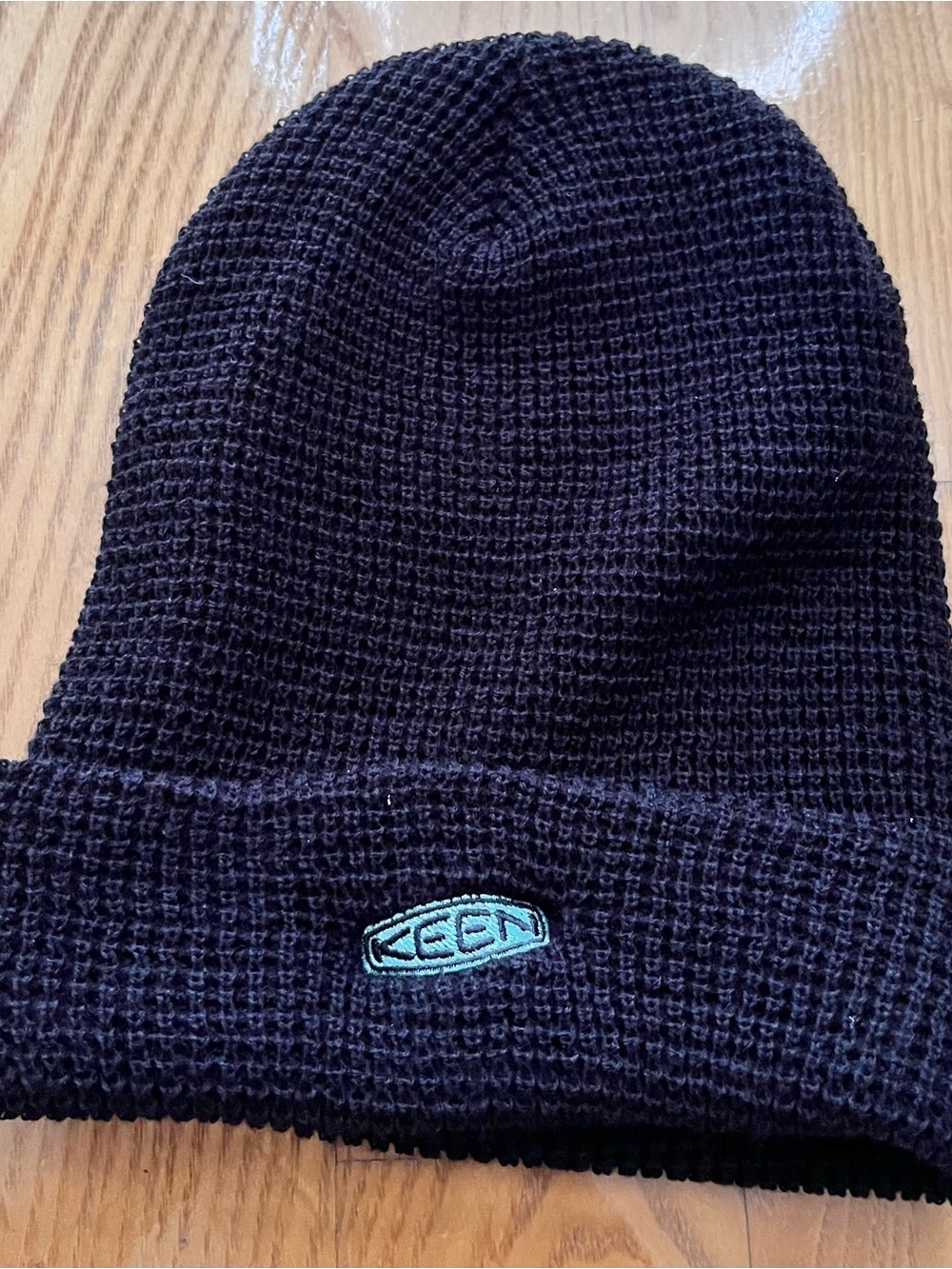 Keen Black Waffle Knit Beanie with Teal Logo